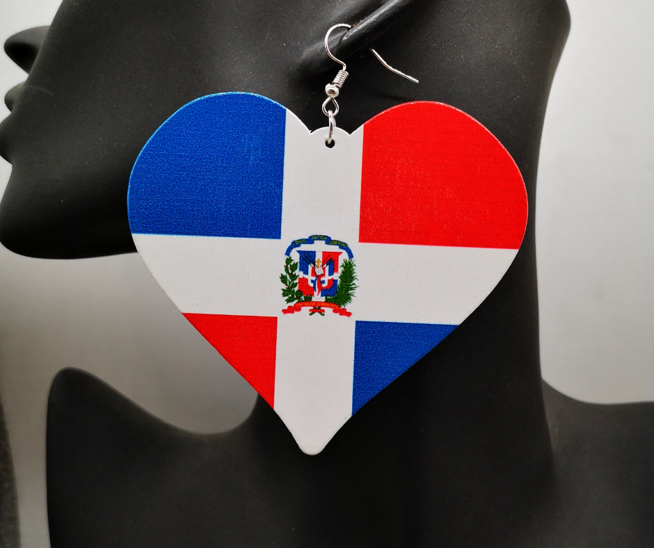 Dominican Republic Flag Heart Wooden Earrings