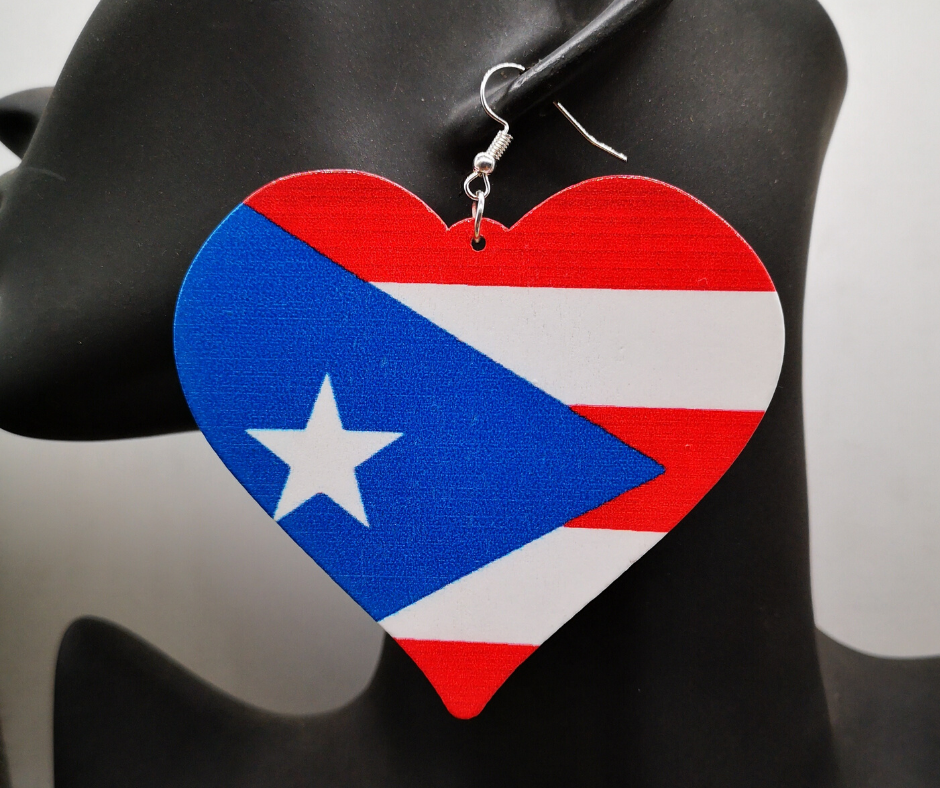 Puerto Rico Flag Heart Wooden Earrings