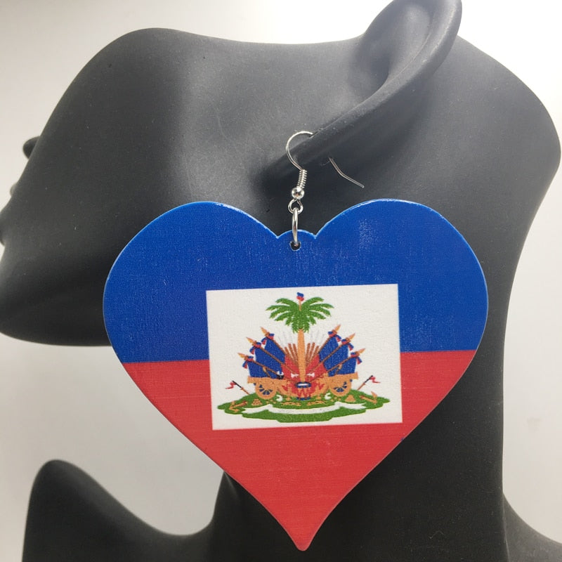 Haiti Flag Heart Wooden Earrings