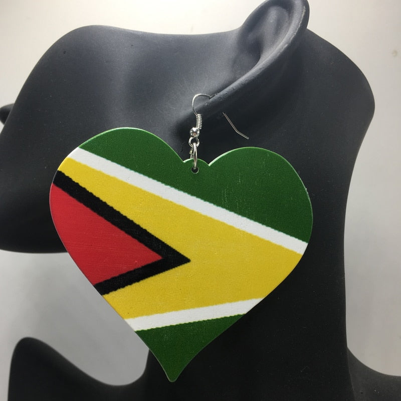 Guyana Flag Heart Wooden Earrings