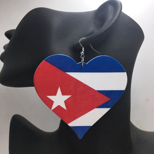 Cuba Flag Heart Wooden Earrings